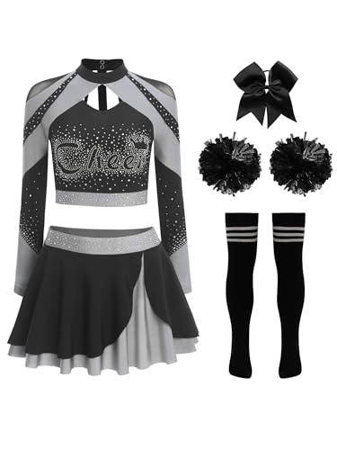 iEFiEL Damen Cheer Leader Kostüm 5-teiliges Langarm Crop Top mit Glitzer Strass Minirock Haarband Blumenball Socken Karneval Fasching Kostüm Grau B XXL iEFiEL Damen Cheer Leader Kostüm 5-teiliges Langarm Crop Top mit Glitzer Strass Minirock Haarband Blumenball Socken Karneval Fasching Kostüm Grau B XXL von iEFiEL