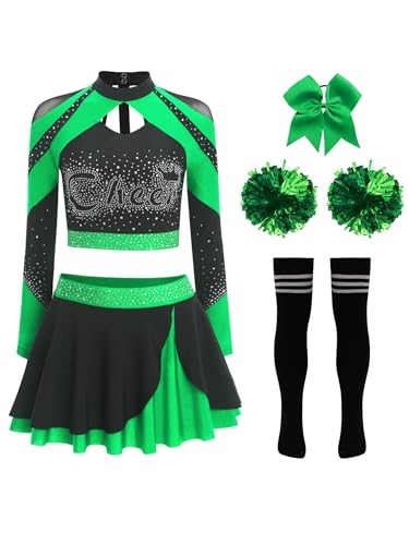 iEFiEL Damen Cheer Leader Kostüm 5-teiliges Langarm Crop Top mit Glitzer Strass Minirock Haarband Blumenball Socken Karneval Fasching Kostüm Grün A XXL iEFiEL Damen Cheer Leader Kostüm 5-teiliges Langarm Crop Top mit Glitzer Strass Minirock Haarband Blumenball Socken Karneval Fasching Kostüm Grün A XXL von iEFiEL