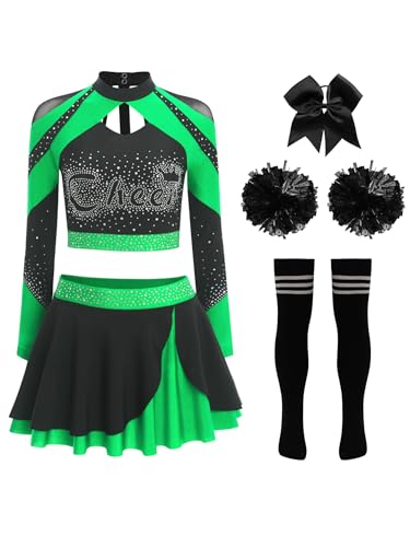iEFiEL Damen Cheer Leader Kostüm 5-teiliges Langarm Crop Top mit Glitzer Strass Minirock Haarband Blumenball Socken Karneval Fasching Kostüm Grün B XXL iEFiEL Damen Cheer Leader Kostüm 5-teiliges Langarm Crop Top mit Glitzer Strass Minirock Haarband Blumenball Socken Karneval Fasching Kostüm Grün B XXL von iEFiEL