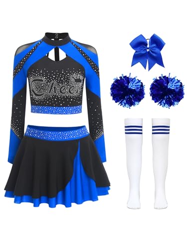 iEFiEL Damen Cheer Leader Kostüm 5-teiliges Langarm Crop Top mit Glitzer Strass Minirock Haarband Blumenball Socken Karneval Fasching Kostüm Königsblau A XXL iEFiEL Damen Cheer Leader Kostüm 5-teiliges Langarm Crop Top mit Glitzer Strass Minirock Haarband Blumenball Socken Karneval Fasching Kostüm Königsblau A XXL von iEFiEL