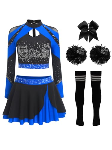 iEFiEL Damen Cheer Leader Kostüm 5-teiliges Langarm Crop Top mit Glitzer Strass Minirock Haarband Blumenball Socken Karneval Fasching Kostüm Königsblau B XL iEFiEL Damen Cheer Leader Kostüm 5-teiliges Langarm Crop Top mit Glitzer Strass Minirock Haarband Blumenball Socken Karneval Fasching Kostüm Königsblau B XL von iEFiEL