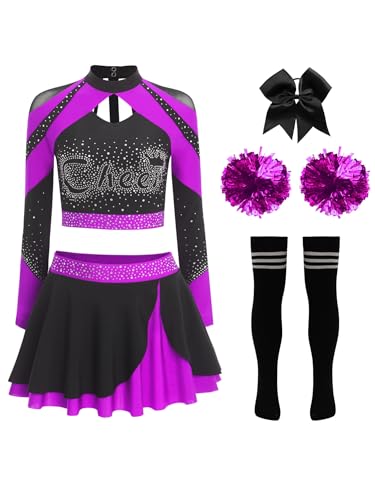 iEFiEL Damen Cheer Leader Kostüm 5-teiliges Langarm Crop Top mit Glitzer Strass Minirock Haarband Blumenball Socken Karneval Fasching Kostüm Lila A XXL iEFiEL Damen Cheer Leader Kostüm 5-teiliges Langarm Crop Top mit Glitzer Strass Minirock Haarband Blumenball Socken Karneval Fasching Kostüm Lila A XXL von iEFiEL