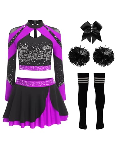 iEFiEL Damen Cheer Leader Kostüm 5-teiliges Langarm Crop Top mit Glitzer Strass Minirock Haarband Blumenball Socken Karneval Fasching Kostüm Lila B XXL iEFiEL Damen Cheer Leader Kostüm 5-teiliges Langarm Crop Top mit Glitzer Strass Minirock Haarband Blumenball Socken Karneval Fasching Kostüm Lila B XXL von iEFiEL