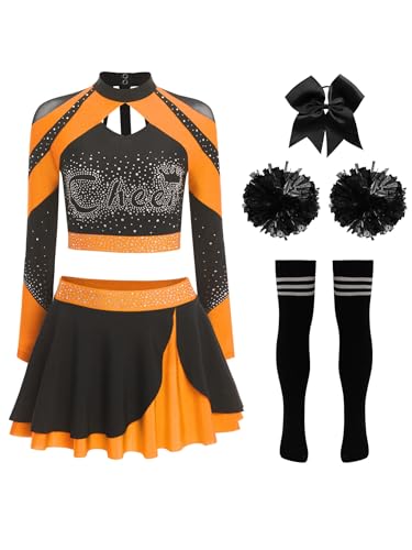 iEFiEL Damen Cheer Leader Kostüm 5-teiliges Langarm Crop Top mit Glitzer Strass Minirock Haarband Blumenball Socken Karneval Fasching Kostüm Orange B XXL iEFiEL Damen Cheer Leader Kostüm 5-teiliges Langarm Crop Top mit Glitzer Strass Minirock Haarband Blumenball Socken Karneval Fasching Kostüm Orange B XXL von iEFiEL