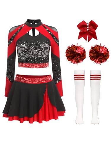iEFiEL Damen Cheer Leader Kostüm 5-teiliges Langarm Crop Top mit Glitzer Strass Minirock Haarband Blumenball Socken Karneval Fasching Kostüm Rot A XXL iEFiEL Damen Cheer Leader Kostüm 5-teiliges Langarm Crop Top mit Glitzer Strass Minirock Haarband Blumenball Socken Karneval Fasching Kostüm Rot A XXL von iEFiEL