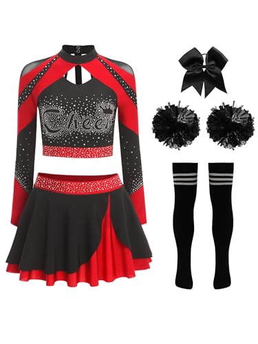 iEFiEL Damen Cheer Leader Kostüm 5-teiliges Langarm Crop Top mit Glitzer Strass Minirock Haarband Blumenball Socken Karneval Fasching Kostüm Rot B XXL iEFiEL Damen Cheer Leader Kostüm 5-teiliges Langarm Crop Top mit Glitzer Strass Minirock Haarband Blumenball Socken Karneval Fasching Kostüm Rot B XXL von iEFiEL
