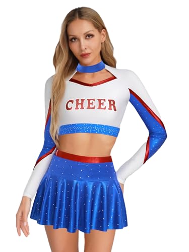 iEFiEL Damen Cheer Leader Kostüm Cheerleading Uniform Langarm Crop Top mit Minirock Metallic Faltenrock Tanzkostüm Karneval Clubwear Blau XXL iEFiEL Damen Cheer Leader Kostüm Cheerleading Uniform Langarm Crop Top mit Minirock Metallic Faltenrock Tanzkostüm Karneval Clubwear Blau XXL von iEFiEL