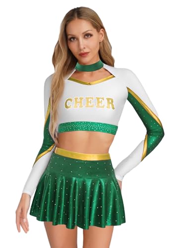 iEFiEL Damen Cheer Leader Kostüm Cheerleading Uniform Langarm Crop Top mit Minirock Metallic Faltenrock Tanzkostüm Karneval Clubwear Grün XXL iEFiEL Damen Cheer Leader Kostüm Cheerleading Uniform Langarm Crop Top mit Minirock Metallic Faltenrock Tanzkostüm Karneval Clubwear Grün XXL von iEFiEL