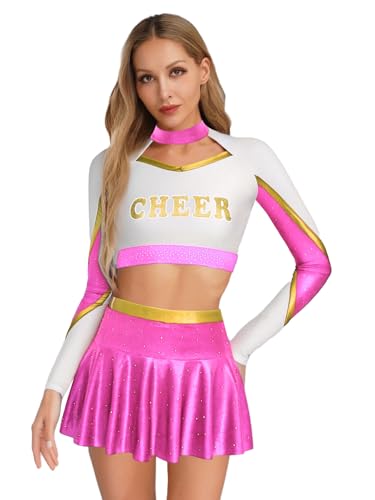 iEFiEL Damen Cheer Leader Kostüm Cheerleading Uniform Langarm Crop Top mit Minirock Metallic Faltenrock Tanzkostüm Karneval Clubwear Hot Pink XXL iEFiEL Damen Cheer Leader Kostüm Cheerleading Uniform Langarm Crop Top mit Minirock Metallic Faltenrock Tanzkostüm Karneval Clubwear Hot Pink XXL von iEFiEL