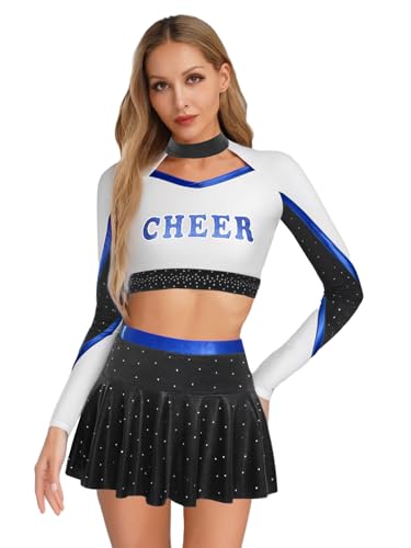 iEFiEL Damen Cheer Leader Kostüm Cheerleading Uniform Langarm Crop Top mit Minirock Metallic Faltenrock Tanzkostüm Karneval Clubwear Schwarz Blau M iEFiEL Damen Cheer Leader Kostüm Cheerleading Uniform Langarm Crop Top mit Minirock Metallic Faltenrock Tanzkostüm Karneval Clubwear Schwarz Blau M von iEFiEL