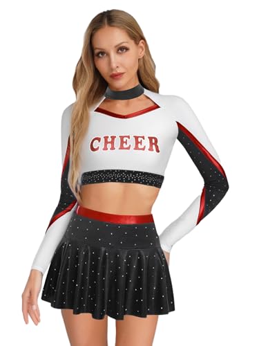 iEFiEL Damen Cheer Leader Kostüm Cheerleading Uniform Langarm Crop Top mit Minirock Metallic Faltenrock Tanzkostüm Karneval Clubwear Schwarz Rot S iEFiEL Damen Cheer Leader Kostüm Cheerleading Uniform Langarm Crop Top mit Minirock Metallic Faltenrock Tanzkostüm Karneval Clubwear Schwarz Rot S von iEFiEL