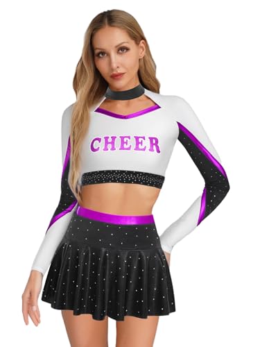 iEFiEL Damen Cheer Leader Kostüm Cheerleading Uniform Langarm Crop Top mit Minirock Metallic Faltenrock Tanzkostüm Karneval Clubwear Schwarz & Lila XXL iEFiEL Damen Cheer Leader Kostüm Cheerleading Uniform Langarm Crop Top mit Minirock Metallic Faltenrock Tanzkostüm Karneval Clubwear Schwarz & Lila XXL von iEFiEL