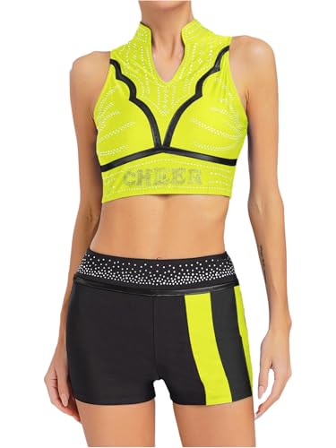 iEFiEL Damen Cheer Leader Kostüm Glitzer Crop Tops Ärmellose Bauchfreie Oberteile Sportanzug Trainingsanzug Fitness Outfit Leuchtendes Grün XXL von iEFiEL