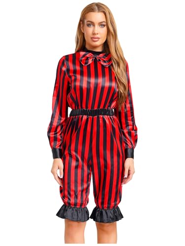 iEFiEL Damen Clown Zirkus Kostüm Dompteur Uniform Halloween Cosplay Streifen Overall Langarm Jumpsuit Karnevalskostüm Clubwear Rave Outfit rot schwarz S von iEFiEL