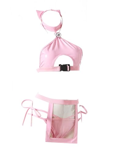 iEFiEL Damen Cosplay Lingerie Set mit Kätzchenohrenkopfbedeckung Hohlrauch Look Rückenfrei Bra Top und Transparentes Apron für Club Halloween Rosa Einheitsgröße von iEFiEL