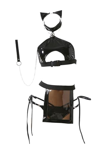 iEFiEL Damen Cosplay Lingerie Set mit Kätzchenohrenkopfbedeckung Hohlrauch Look Rückenfrei Bra Top und Transparentes Apron für Club Halloween Schwarz Einheitsgröße von iEFiEL