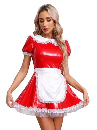 iEFiEL Damen Dienstmädchen Kostüm für Halloween Cosplay Maid Kostüm Lack Lederkleid mit Halsband Spitze Tütü Kleid Fasching Karneval Clubwear Xa Rot 4XL von iEFiEL