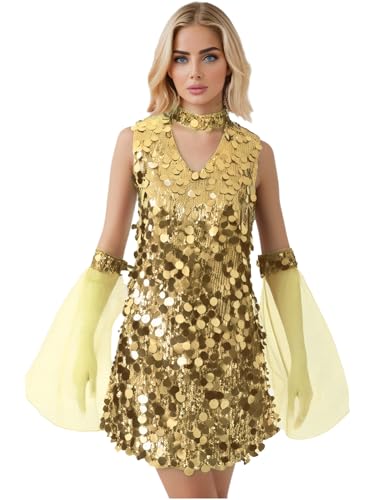 iEFiEL Damen Disco Kostüm 60er 70er Glitzer Pailletten Kleid Hippie Kleidung Karnevalskostüm Vintage Kleid Fasching Kostüm Rave Party Clubwear Gold XXL iEFiEL Damen Disco Kostüm 60er 70er Glitzer Pailletten Kleid Hippie Kleidung Karnevalskostüm Vintage Kleid Fasching Kostüm Rave Party Clubwear Gold XXL von iEFiEL