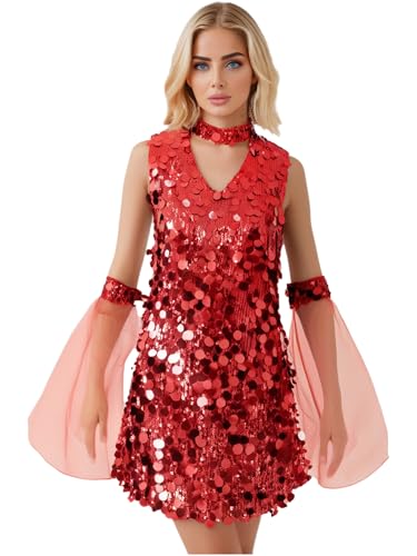 iEFiEL Damen Disco Kostüm 60er 70er Glitzer Pailletten Kleid Karnevalskostüm Vintage Kleid Fasching Kostüm Rave Party Clubwear Rot XXL iEFiEL Damen Disco Kostüm 60er 70er Glitzer Pailletten Kleid Karnevalskostüm Vintage Kleid Fasching Kostüm Rave Party Clubwear Rot XXL von iEFiEL