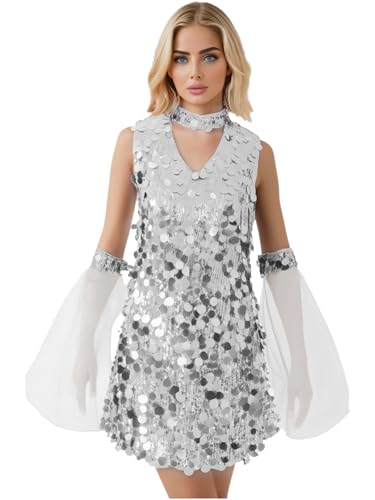 iEFiEL Damen Disco Kostüm 60er 70er Glitzer Pailletten Kleid Hippie Kleidung Karnevalskostüm Vintage Kleid Fasching Kostüm Rave Party Clubwear Silber L von iEFiEL