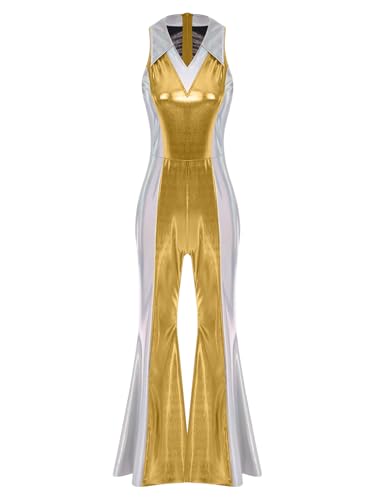 iEFiEL Damen Disco Kostüm 70er 80er Glitzer Farbblock Jumpsuit mit Schlaghosen Ärmellose Bodysuit Halloween Faschingskostüm Rave Party Clubwear Gold S iEFiEL Damen Disco Kostüm 70er 80er Glitzer Farbblock Jumpsuit mit Schlaghosen Ärmellose Bodysuit Halloween Faschingskostüm Rave Party Clubwear Gold S von iEFiEL