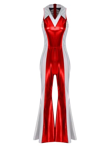 iEFiEL Damen Disco Kostüm 70er 80er Glitzer Farbblock Jumpsuit mit Schlaghosen Ärmellose Bodysuit Halloween Faschingskostüm Rave Party Clubwear Rot XL iEFiEL Damen Disco Kostüm 70er 80er Glitzer Farbblock Jumpsuit mit Schlaghosen Ärmellose Bodysuit Halloween Faschingskostüm Rave Party Clubwear Rot XL von iEFiEL