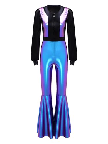 iEFiEL Damen Disco Kostüm 70er Vintage Disco Jumpsuit Metallic Patchwork Overall Langarm Halloween fasching kostüm Blau S iEFiEL Damen Disco Kostüm 70er Vintage Disco Jumpsuit Metallic Patchwork Overall Langarm Halloween fasching kostüm Blau S von iEFiEL