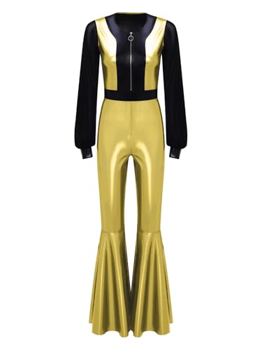 iEFiEL Damen Disco Kostüm 70er Vintage Disco Jumpsuit Metallic Patchwork Overall Langarm Halloween fasching kostüm Gold S iEFiEL Damen Disco Kostüm 70er Vintage Disco Jumpsuit Metallic Patchwork Overall Langarm Halloween fasching kostüm Gold S von iEFiEL