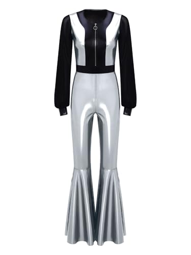 iEFiEL Damen Disco Kostüm 70er Vintage Disco Jumpsuit Metallic Patchwork Overall Langarm Halloween fasching kostüm Silber XL iEFiEL Damen Disco Kostüm 70er Vintage Disco Jumpsuit Metallic Patchwork Overall Langarm Halloween fasching kostüm Silber XL von iEFiEL
