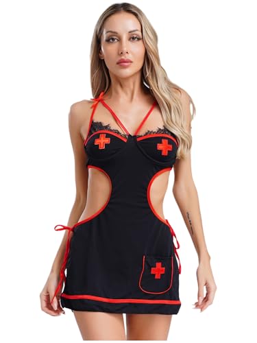 iEFiEL Damen Erwachsene Schwester Kostüm Durchsichtige Krankenschwester Kostüm Mini Kleid Unterwäsche Party Outfit Halloween Faschingskostüm Schwarz M von iEFiEL