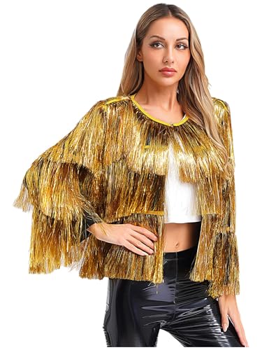 iEFiEL Damen Glänzende Jacke Offene Front Langarm Jacke Mit Etagen Tasseln Party Rave Outfit Disco Kostüm Clubwear Karnevalskostüm Gold L iEFiEL Damen Glänzende Jacke Offene Front Langarm Jacke Mit Etagen Tasseln Party Rave Outfit Disco Kostüm Clubwear Karnevalskostüm Gold L von iEFiEL