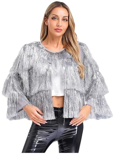 iEFiEL Damen Glänzende Jacke Offene Front Langarm Jacke Mit Etagen Tasseln Party Rave Outfit Disco Kostüm Clubwear Karnevalskostüm Silber L von iEFiEL