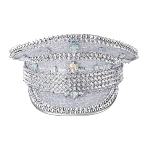 iEFiEL Damen Glänzende Pailletten Kapitänsmütze mir Strass Funkelnde Matrosenmütze Gothic Marine Kappe Fasching Mottoparty Silber Einheitsgröße von iEFiEL