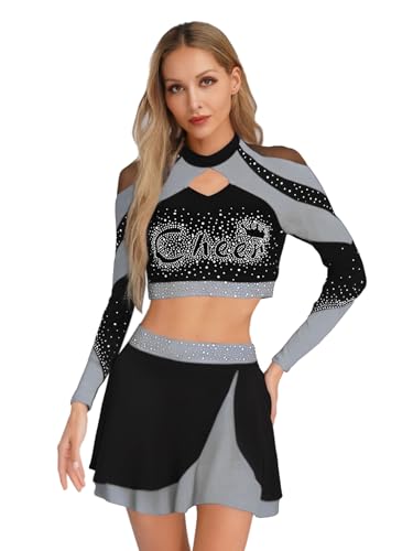 iEFiEL Damen Glitzer Cheer Leader Kostüm Cheerleading Uniform Langarm Crop Top mit Minirock Bauchfrei Oberteile Tanzkostüm Karneval Clubwear Grau XXL iEFiEL Damen Glitzer Cheer Leader Kostüm Cheerleading Uniform Langarm Crop Top mit Minirock Bauchfrei Oberteile Tanzkostüm Karneval Clubwear Grau XXL von iEFiEL