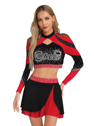 iEFiEL Damen Glitzer Cheer Leader Kostüm Cheerleading Uniform Langarm Crop Top mit Minirock Bauchfrei Oberteile Tanzkostüm Karneval Clubwear Rot S iEFiEL Damen Glitzer Cheer Leader Kostüm Cheerleading Uniform Langarm Crop Top mit Minirock Bauchfrei Oberteile Tanzkostüm Karneval Clubwear Rot S von iEFiEL