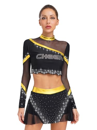 iEFiEL Damen Glitzer Cheer leader Uniform Cheer Leader Kostüm Langarm Crop Top mit Kurzer Rock Tanzkostüm Halloween Clubwear Gold XXL von iEFiEL