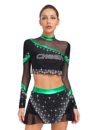 iEFiEL Damen Glitzer Cheer leader Uniform Cheer Leader Kostüm Langarm Crop Top mit Kurzer Rock Tanzkostüm Halloween Clubwear Grün XXL von iEFiEL