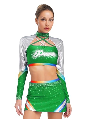 iEFiEL Damen Glitzer Cheerleading Kostüm Langarm Crop Top mit Minirock Bauchfreie Uniform Tanzkostüm Halloween Mottoparty Grün L iEFiEL Damen Glitzer Cheerleading Kostüm Langarm Crop Top mit Minirock Bauchfreie Uniform Tanzkostüm Halloween Mottoparty Grün L von iEFiEL