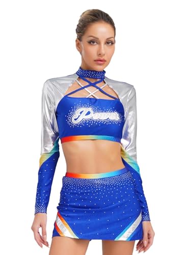 iEFiEL Damen Glitzer Cheerleading Kostüm Langarm Crop Top mit Minirock Bauchfreie Uniform Tanzkostüm Halloween Mottoparty Königsblau M iEFiEL Damen Glitzer Cheerleading Kostüm Langarm Crop Top mit Minirock Bauchfreie Uniform Tanzkostüm Halloween Mottoparty Königsblau M von iEFiEL