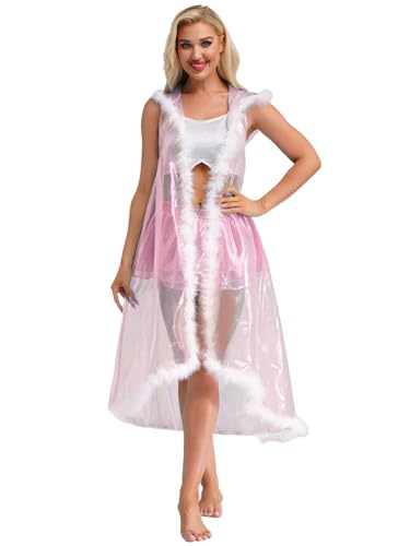 iEFiEL Damen Glitzer Kapuzenumhang mit Kapuze Transparenter Ärmellose Umhang Rave Partys Clubwear Halloween Karneval Fasching Kostüm Rosa S von iEFiEL