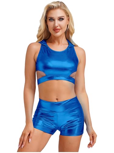 iEFiEL Damen Glitzer Metallic Outfit Tanktop mit Abnehmbarer Kapuzenmütze High Taillenumfang Shorts Tanzkostüm Nachtclub Gogo Fasching Clubwear Blau M von iEFiEL
