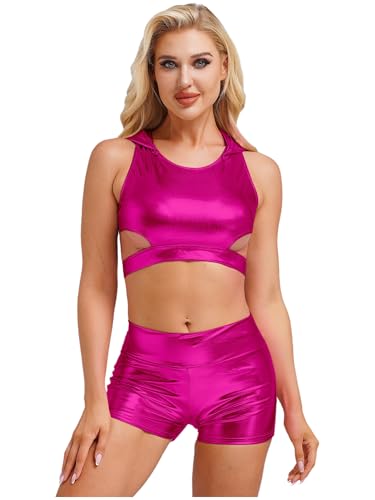 iEFiEL Damen Glitzer Metallic Outfit Tanktop mit Abnehmbarer Kapuzenmütze High Taillenumfang Shorts Tanzkostüm Nachtclub Gogo Fasching Clubwear Hot Pink M von iEFiEL