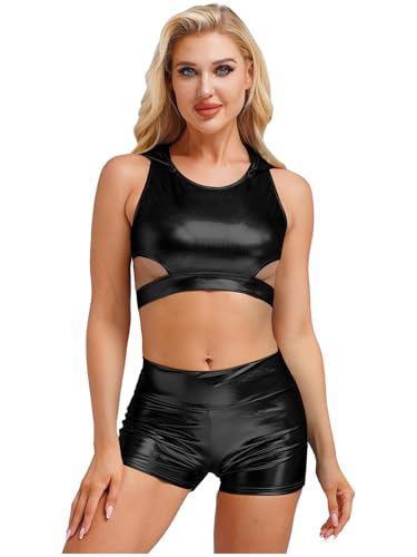 iEFiEL Damen Glitzer Metallic Outfit Tanktop mit Abnehmbarer Kapuzenmütze High Taillenumfang Shorts Tanzkostüm Nachtclub Gogo Fasching Clubwear Schwarz M von iEFiEL