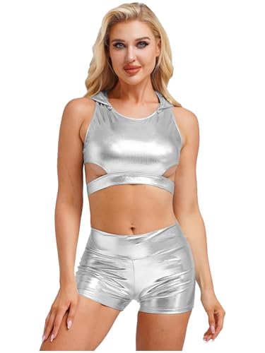 iEFiEL Damen Glitzer Metallic Outfit Tanktop mit Abnehmbarer Kapuzenmütze High Taillenumfang Shorts Tanzkostüm Nachtclub Gogo Fasching Clubwear Silber M von iEFiEL