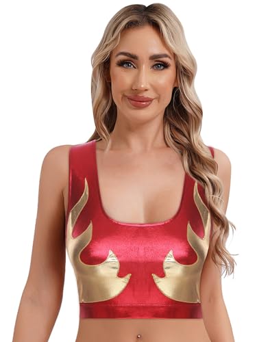 iEFiEL Damen Glitzer Metallic Tank Tops mit Flammenmuster U-ausschnitt Sport Bh Bauchfreie Oberteile Ärmellose Tanztop Nachtclubs Karnevalskostüm Gold und Rot L iEFiEL Damen Glitzer Metallic Tank Tops mit Flammenmuster U-ausschnitt Sport Bh Bauchfreie Oberteile Ärmellose Tanztop Nachtclubs Karnevalskostüm Gold und Rot L von iEFiEL