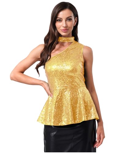 iEFiEL Damen Glitzer Pailletten Top One-shoulder Oberteile Ärmellos Hemd Rüschen Peplum Bluse Clubwear Rave Party Nachtclub Outfits Gold M iEFiEL Damen Glitzer Pailletten Top One-shoulder Oberteile Ärmellos Hemd Rüschen Peplum Bluse Clubwear Rave Party Nachtclub Outfits Gold M von iEFiEL