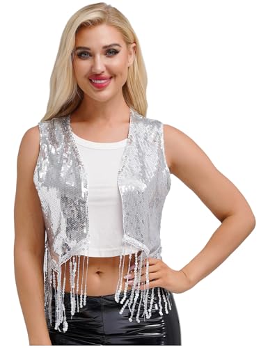iEFiEL Damen Glitzer Pailletten Weste Mit Quaste Retro V-Ausschnitt Ärmellose Top 60er 70er Jahre Disco Kostüm Karneval Clubwear Silber 4XL von iEFiEL