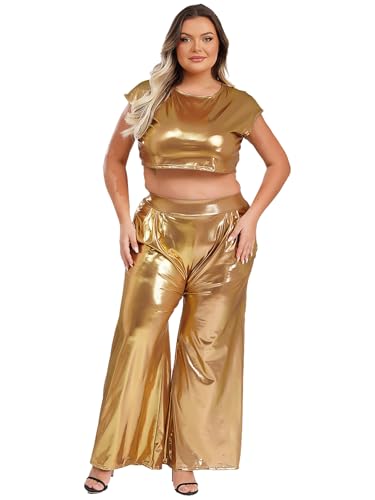 iEFiEL Damen Große Größen Disco Kostüm Set Glitzer Top mit Schlaghosen Lang Oberteile Retro Tanzkleidung Clubwear Mottopartys Nachtclubs Gold XXL iEFiEL Damen Große Größen Disco Kostüm Set Glitzer Top mit Schlaghosen Lang Oberteile Retro Tanzkleidung Clubwear Mottopartys Nachtclubs Gold XXL von iEFiEL