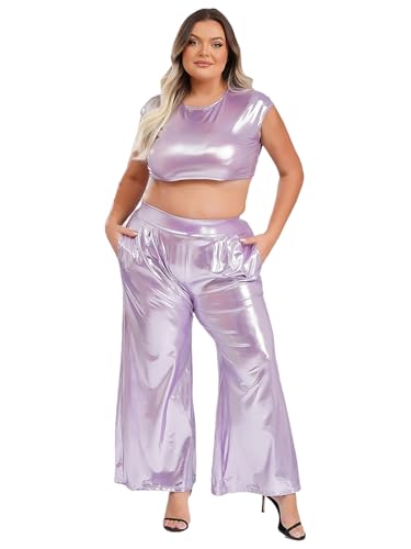 iEFiEL Damen Große Größen Disco Kostüm Set Glitzer Top mit Schlaghosen Lang Oberteile Retro Tanzkleidung Clubwear Mottopartys Nachtclubs Lavendel XXL iEFiEL Damen Große Größen Disco Kostüm Set Glitzer Top mit Schlaghosen Lang Oberteile Retro Tanzkleidung Clubwear Mottopartys Nachtclubs Lavendel XXL von iEFiEL