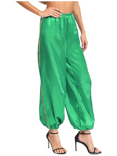 iEFiEL Damen Haremshose Araber Kostüm Satin Hose Hippie Hose Locker Tanzhose Cosply outfit Karneval Fasching Kostüm Grün 3XL von iEFiEL